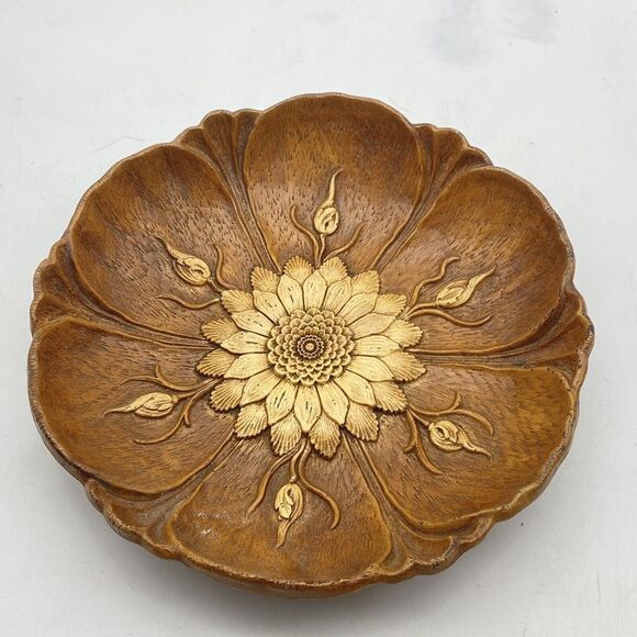 Vtg Sunflower Bowl Multi Prod Inc USA Faux Wood Boho Chic‎ 11.5” MCM Centerpiece - Picture 1 of 12
